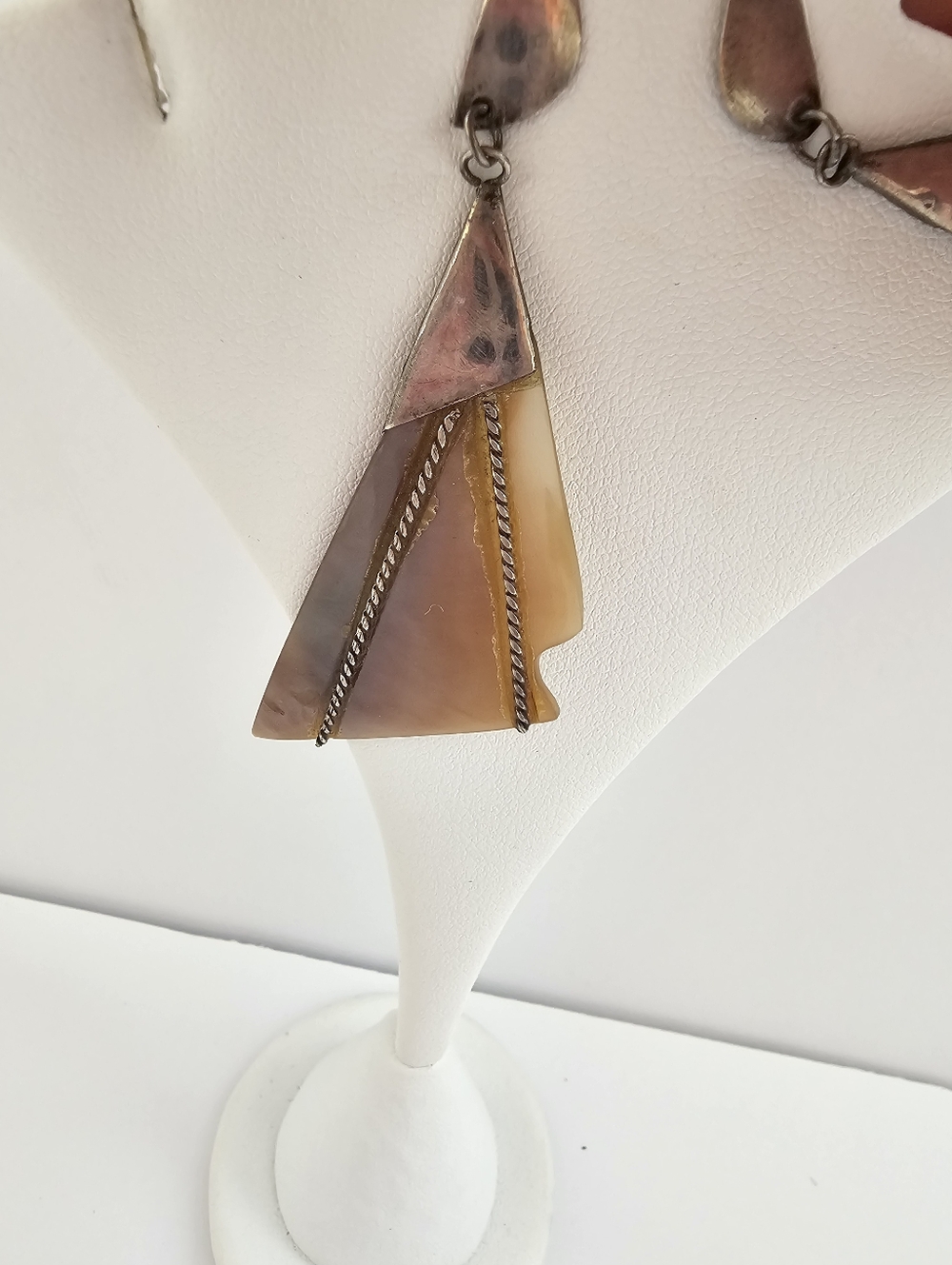 Vintage Southwestern Mother of Pearl Statement Earrings - Carved Geometric MOP - Picture 4 of 10